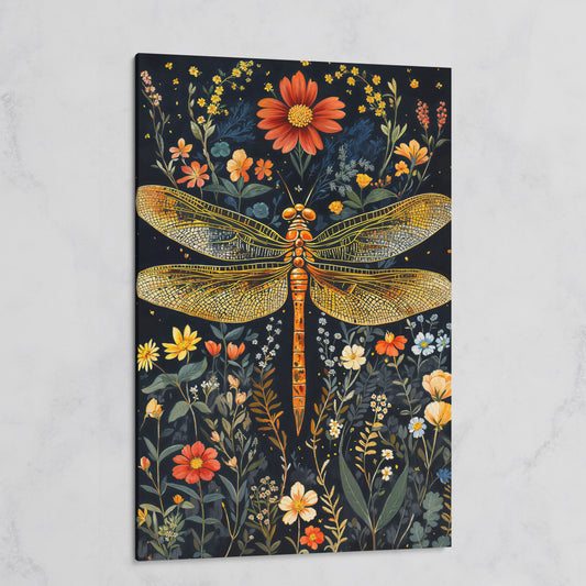 Dragonfly and Fantasy Floral Canvas on gallery wrap