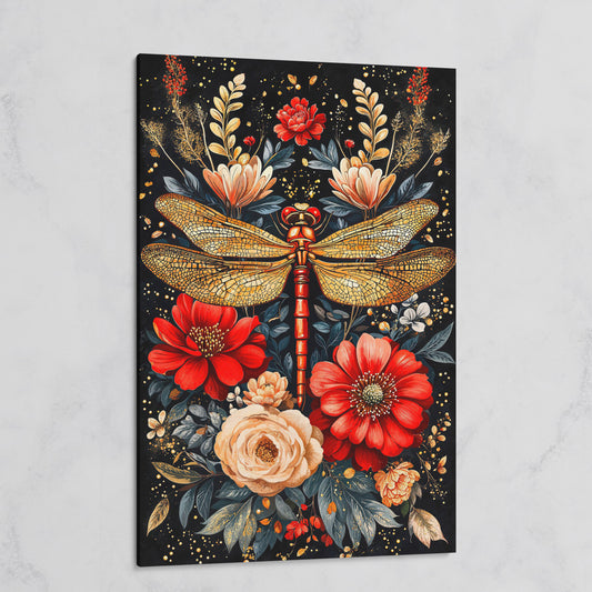 Dragonfly and Floral Canvas Art on gallery wrap