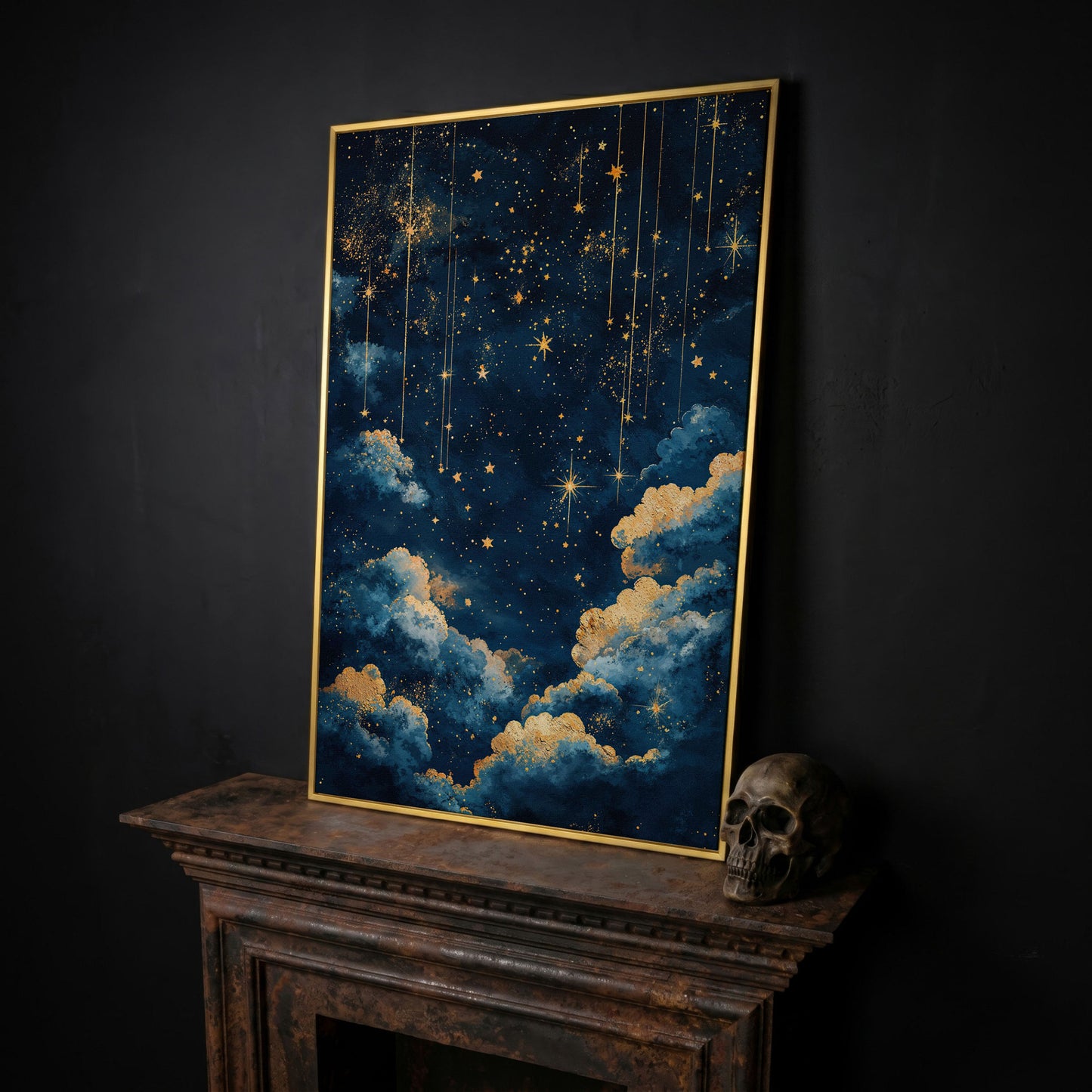 Starry Night Sky Canvas Print in Midnight Blue & Gold in yellow gold floating frame