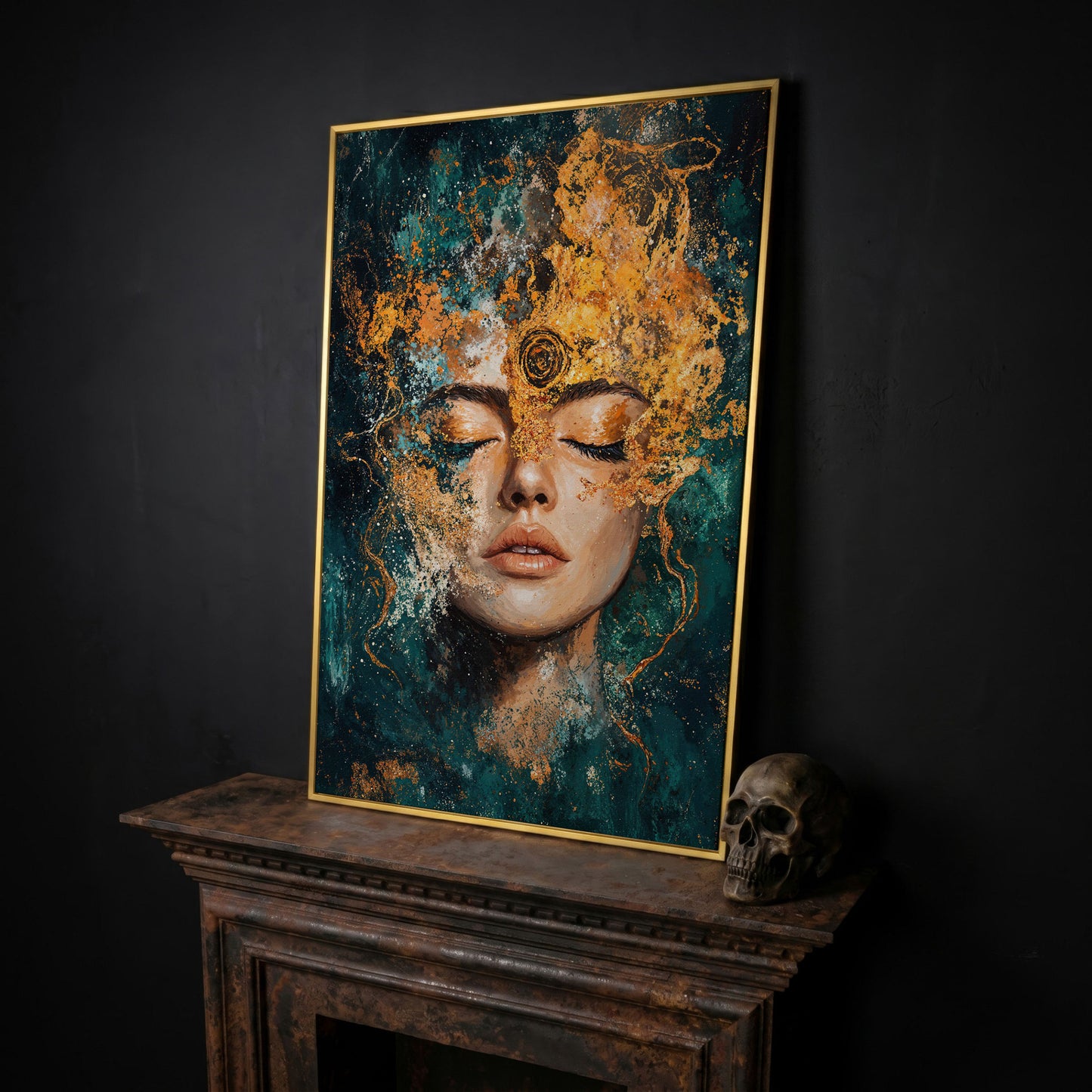 Mystical Abstract Woman Canvas Print in Gold and Teal in yellow gold floating frame