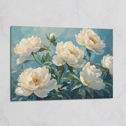 White Peonies Canvas Print with Ivory and Teal on gallery wrap