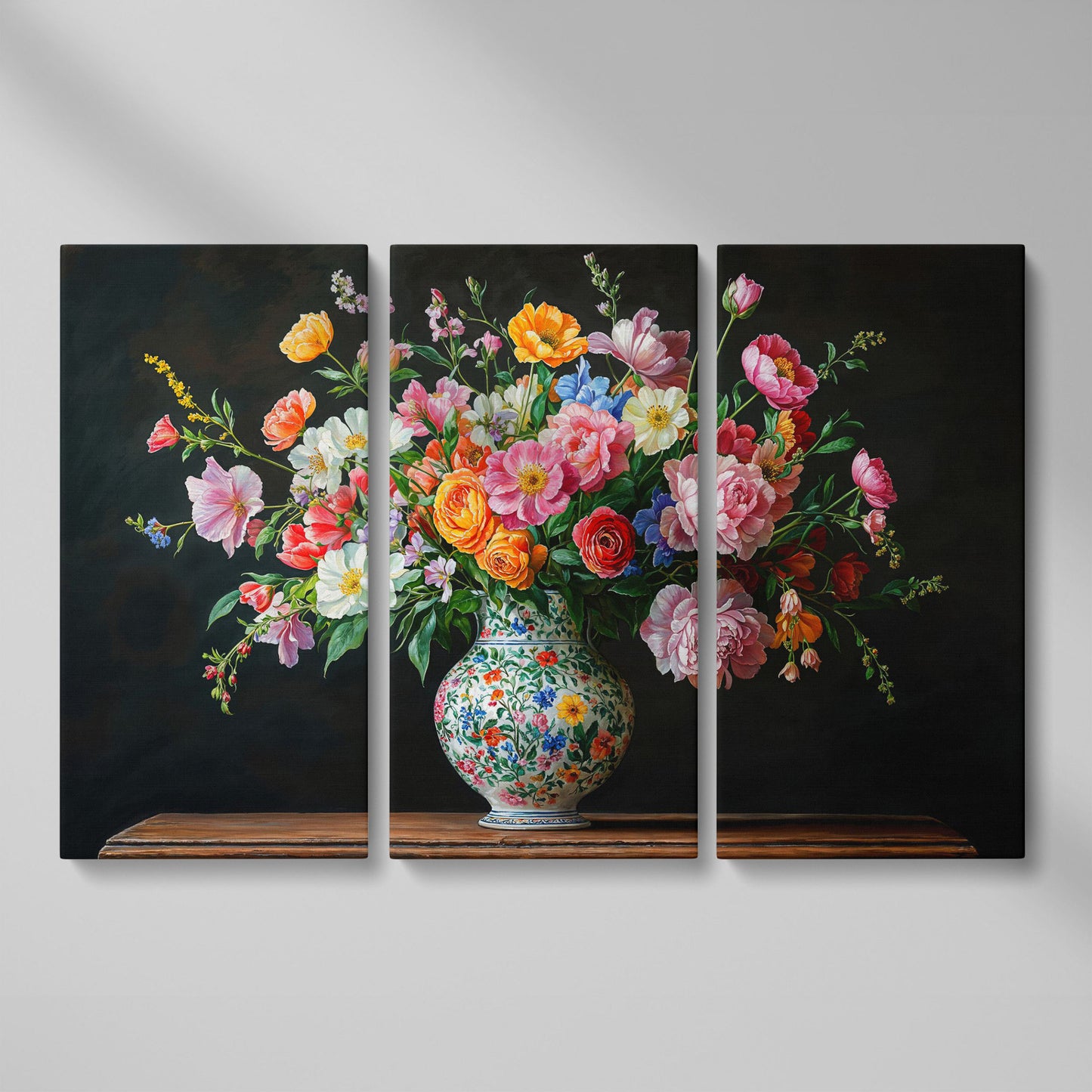 Bold Floral Bouquet in Ornate Vase Canvas Wall Art as 3-panel split version