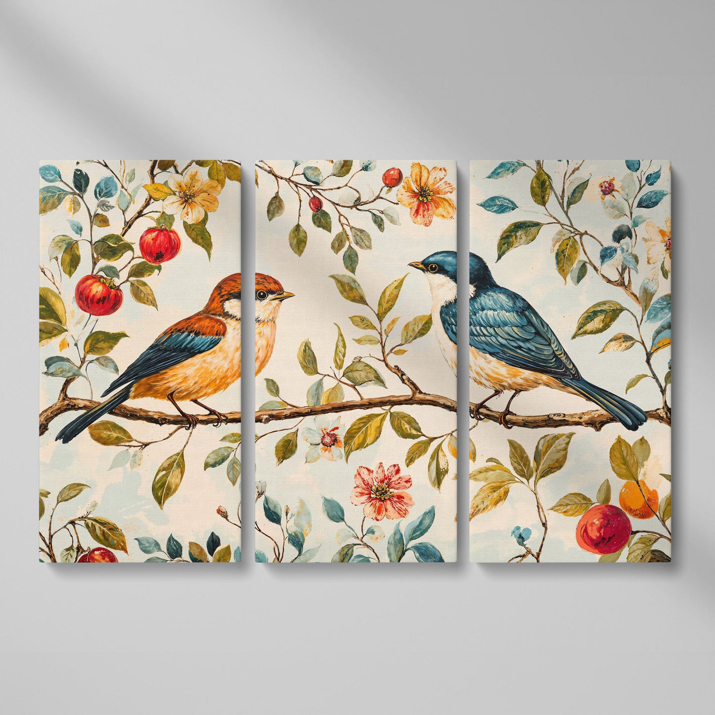 Birds on Flower Branch Canvas Print in Teal and Burnt Orange as 3-panel split version