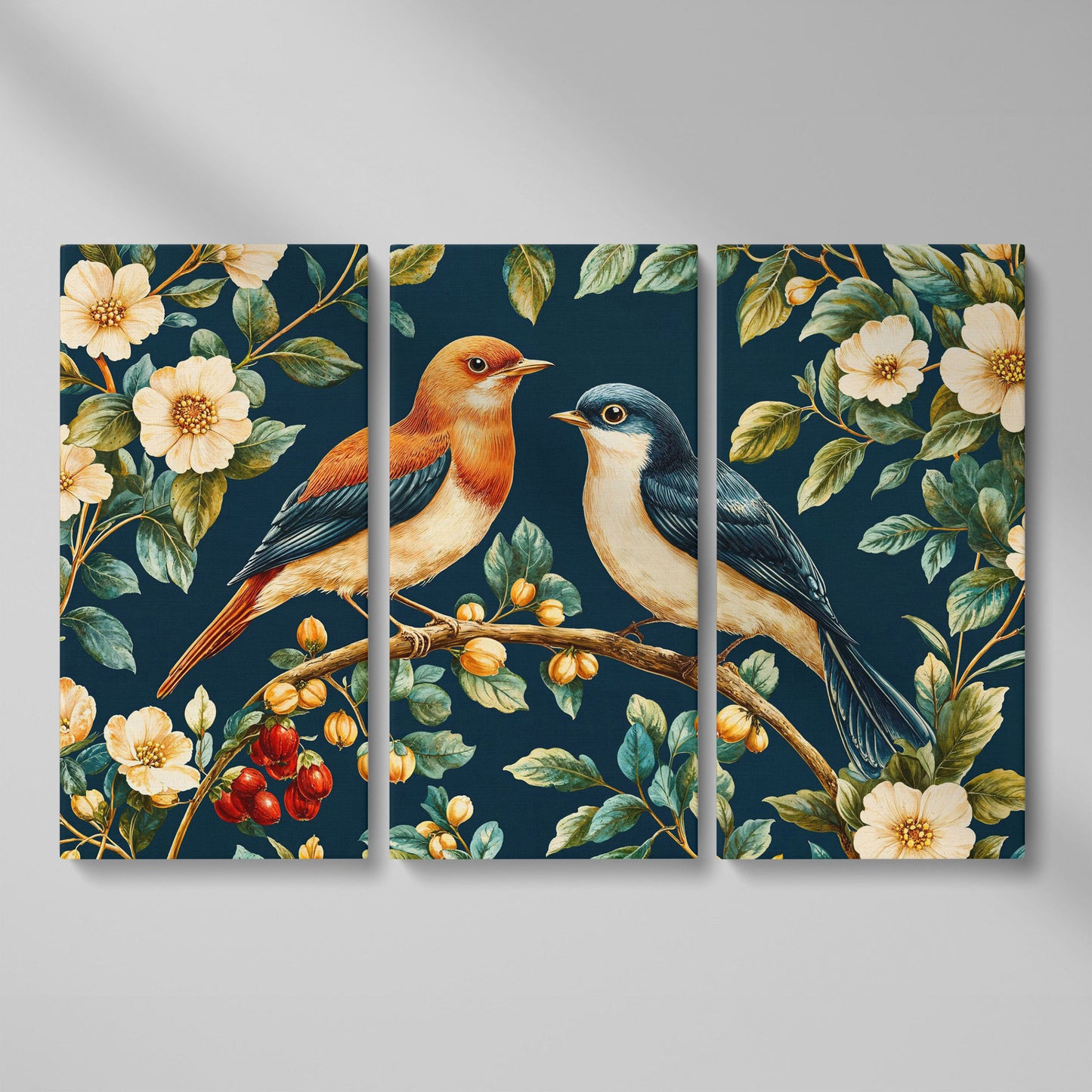 Birds on Floral Branch Canvas Print as 3-panel split version