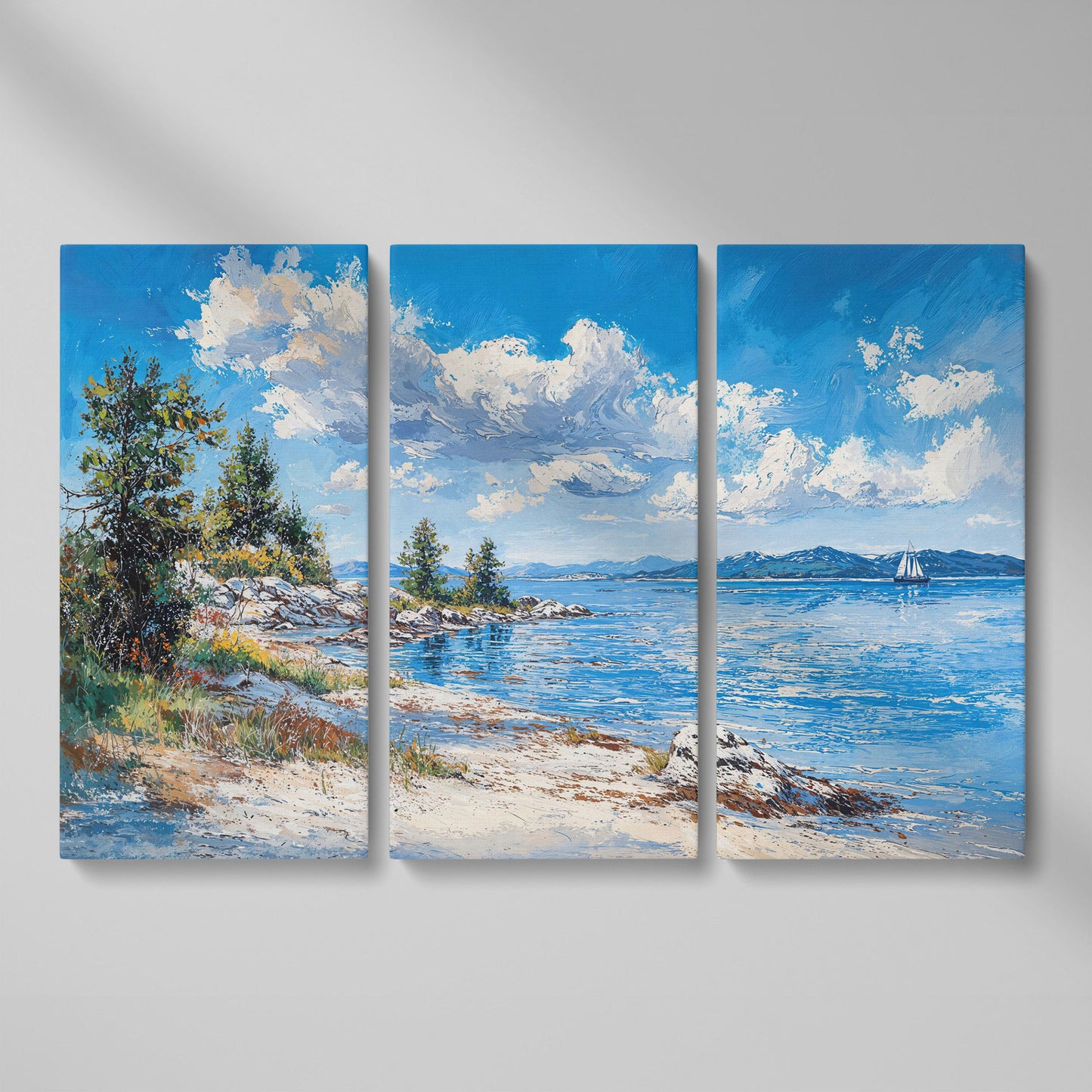 Minimalist Sailboat Seascape Canvas as 3-panel split version