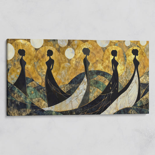 Art Deco Silhouettes in Gowns, Golden Orbs Abstract Canvas Art on gallery wrap