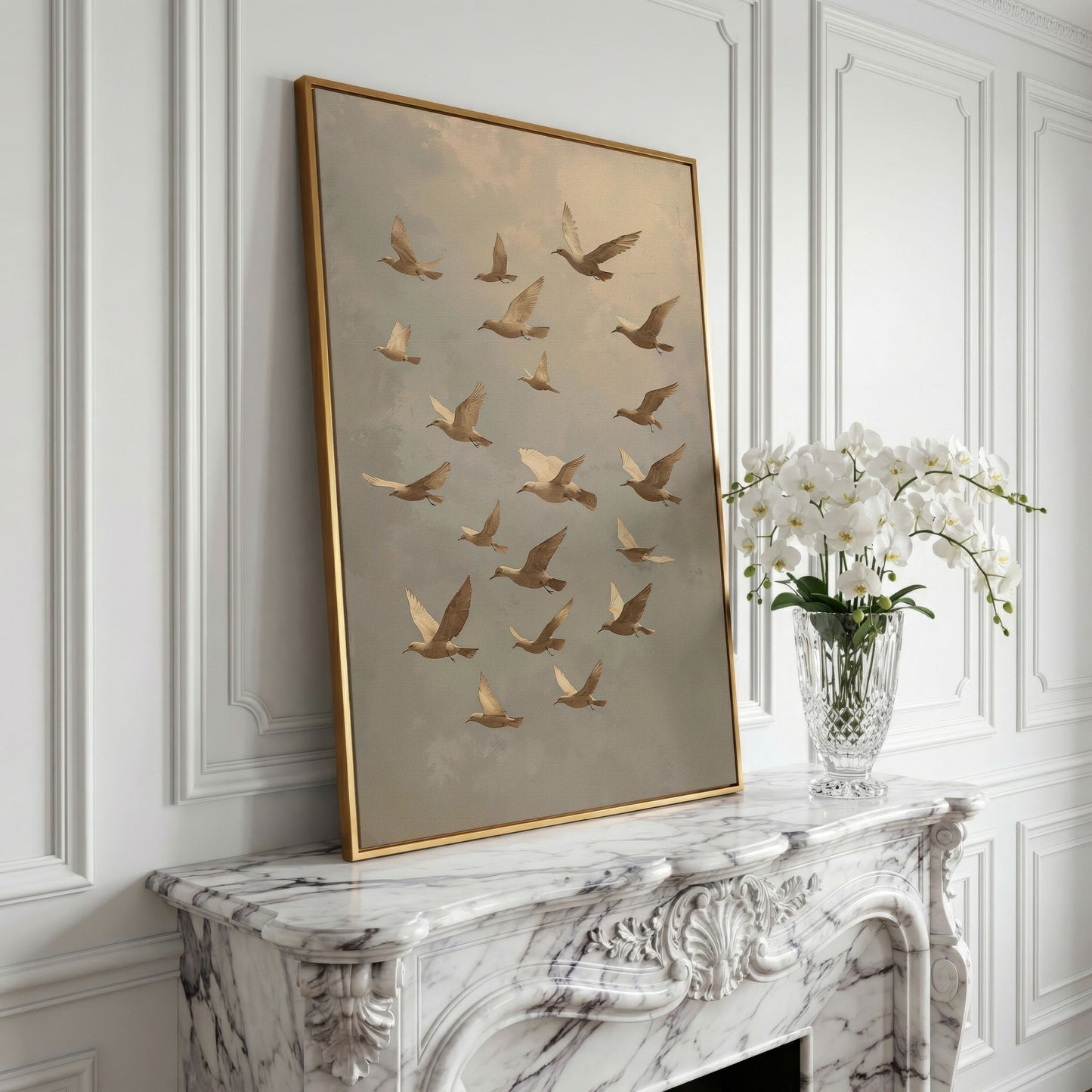 Flock of Birds Wildlife Canvas in yellow gold floating frame