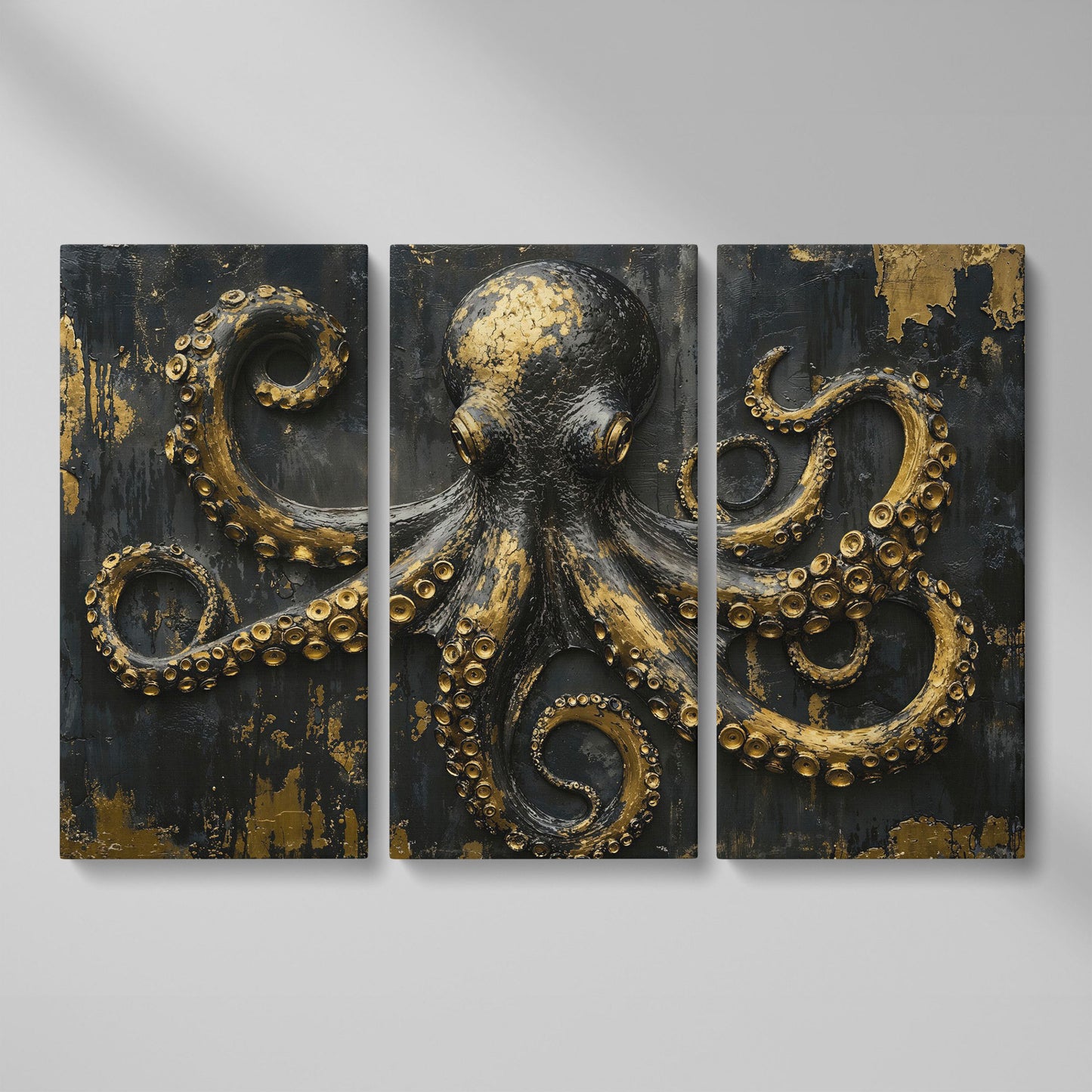 Gold Octopus Canvas. Gothic Nautical Wall Art as 3-panel split version