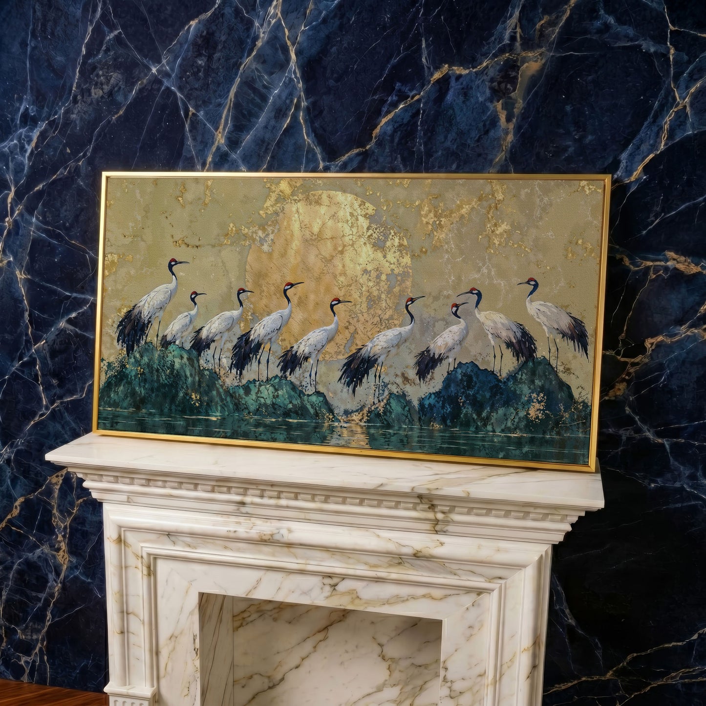Japanese Cranes with Golden Moon Canvas in yellow gold floating frame