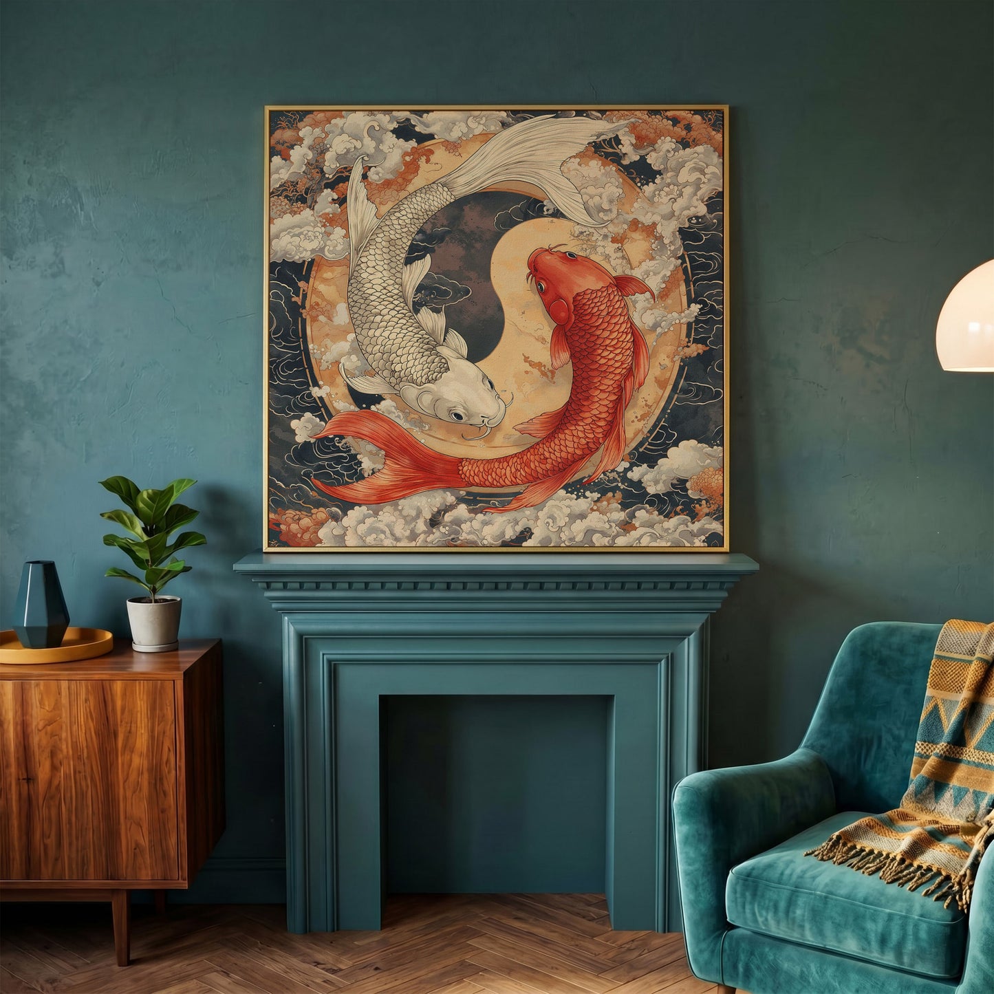 Harmony Koi Fish Yin Yang Square Canvas in yellow gold floating frame