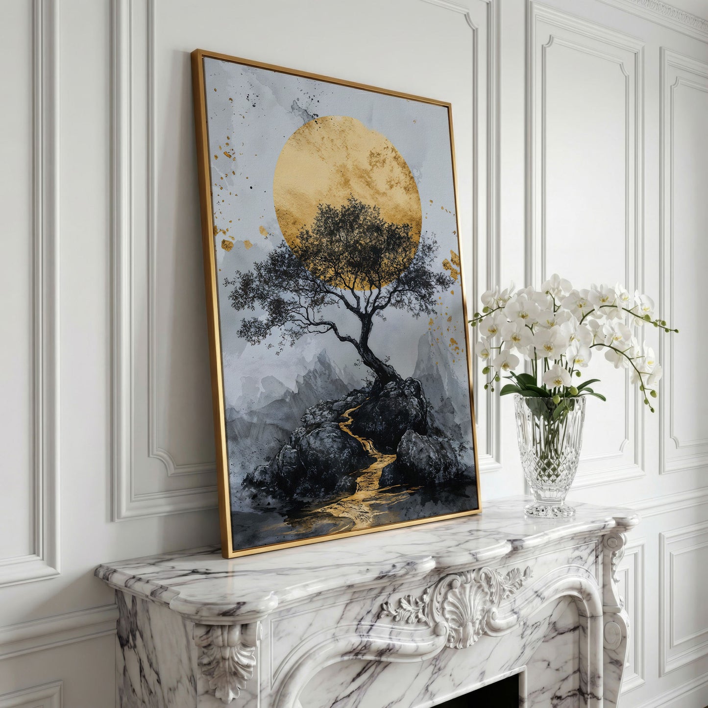 Bonsai Tree and Golden Moon Canvas Print in yellow gold floating frame