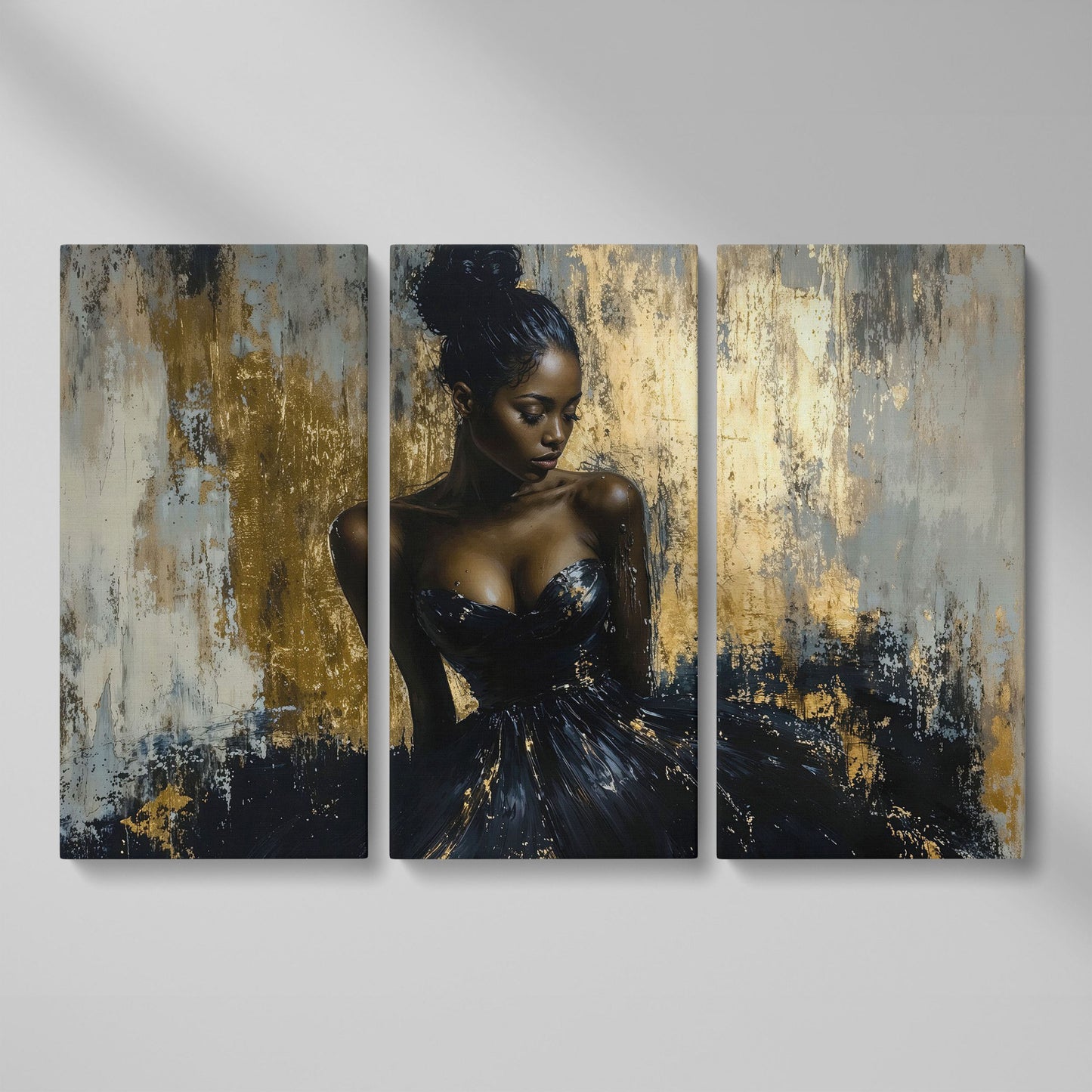 Black Girl in Gold. Portrait Canvas Print as 3-panel split version