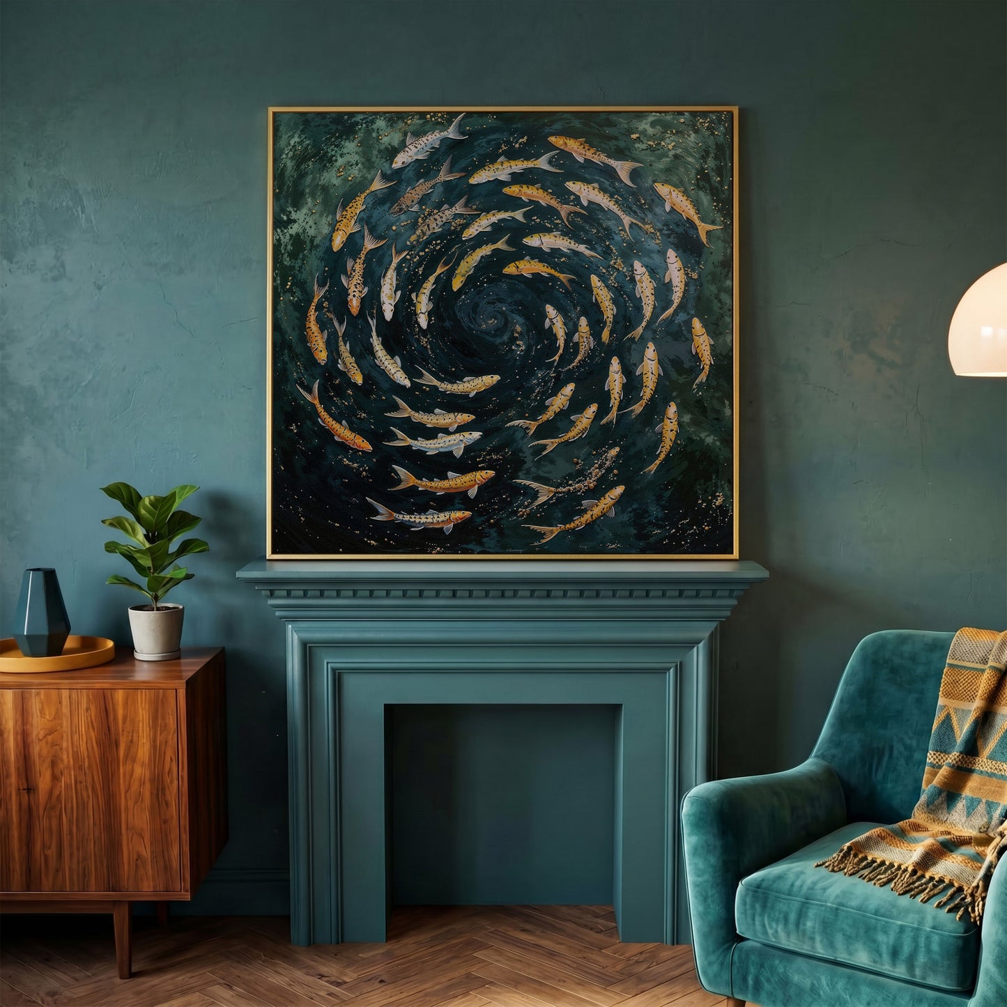 Koi Fish Swimming Spiral Canvas in yellow gold floating frame