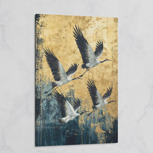 Flying Cranes Canvas Print, Japanese Birds in Gold and Charcoal on gallery wrap