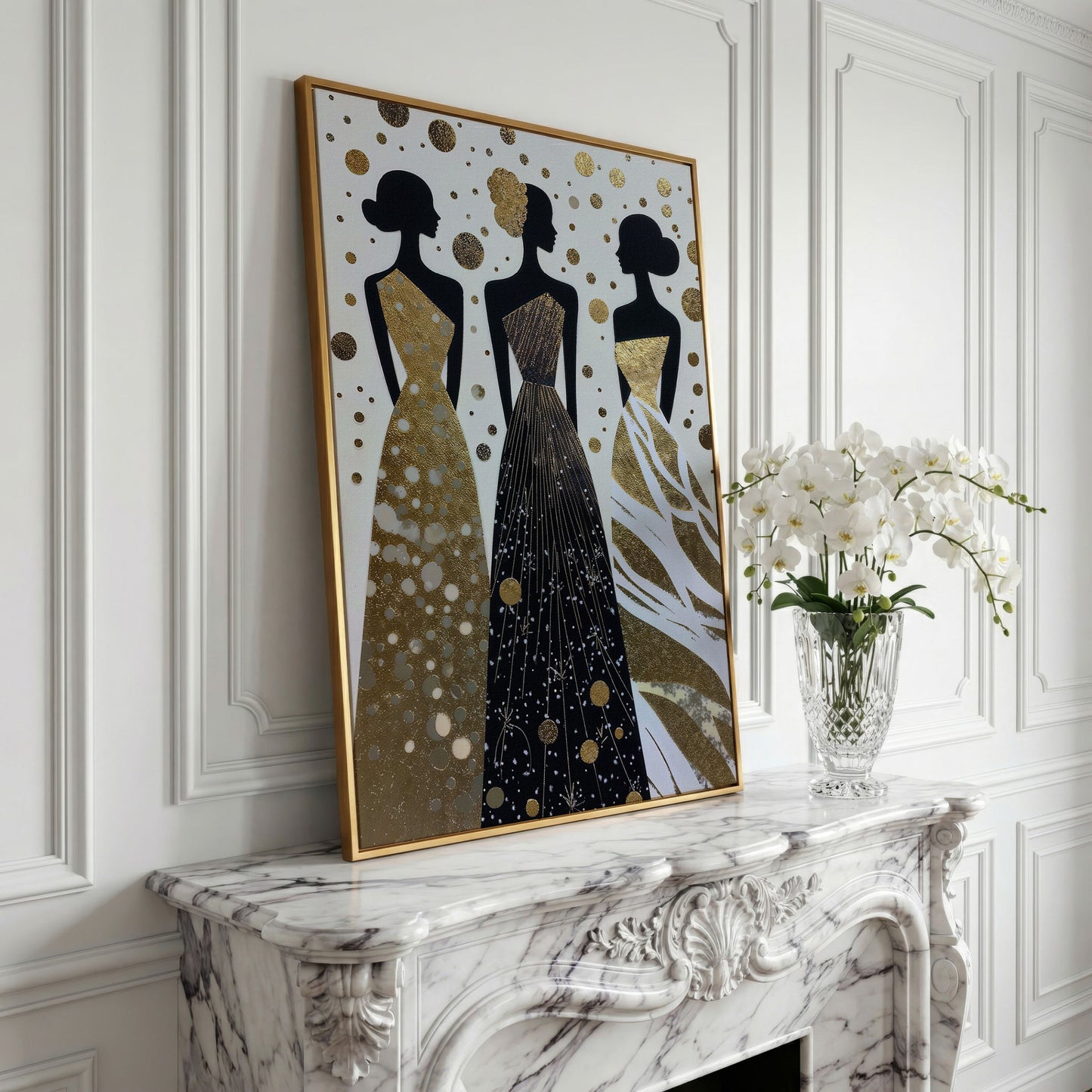 Three Elegance Silhouettes Canvas Wall Art, Figurative Female Gowns in yellow gold floating frame