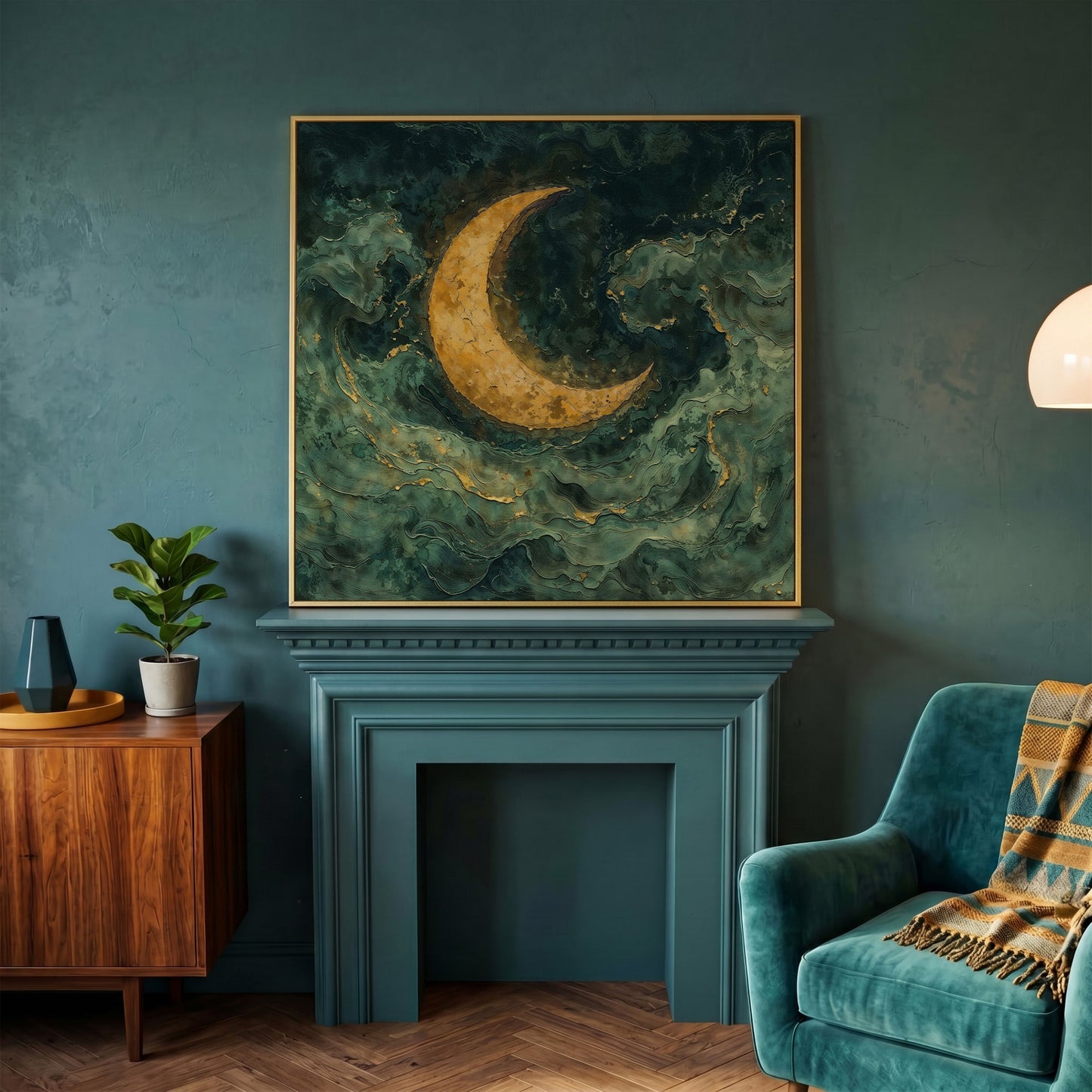 Crescent Moon with Abstract Waves Canvas in yellow gold floating frame