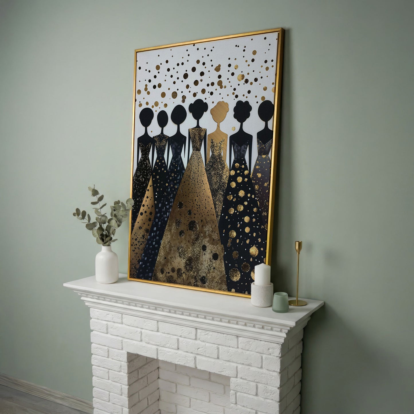 Seven Female Silhouettes in Gold and Black Canvas in yellow gold floating frame