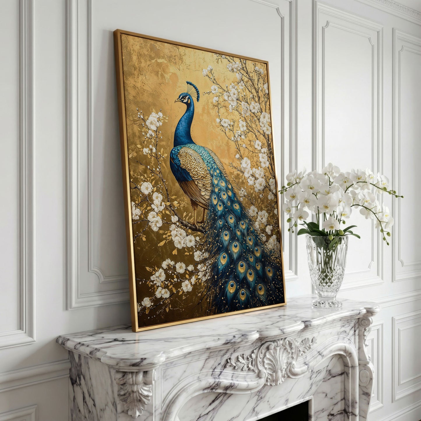 Peacock on the Branch with White Blossoms Canvas in yellow gold floating frame