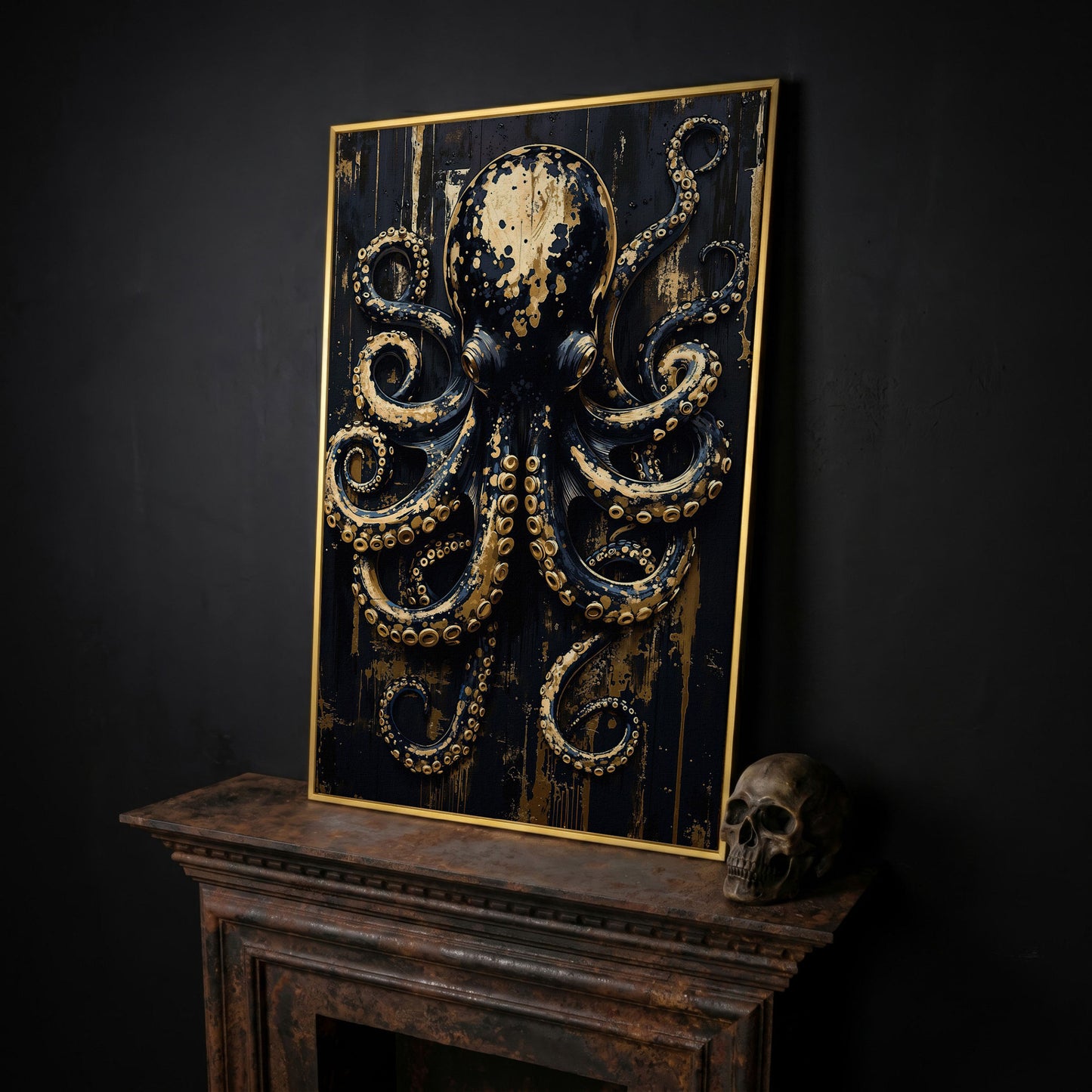 Black and Gold Octopus Canvas Print in yellow gold floating frame