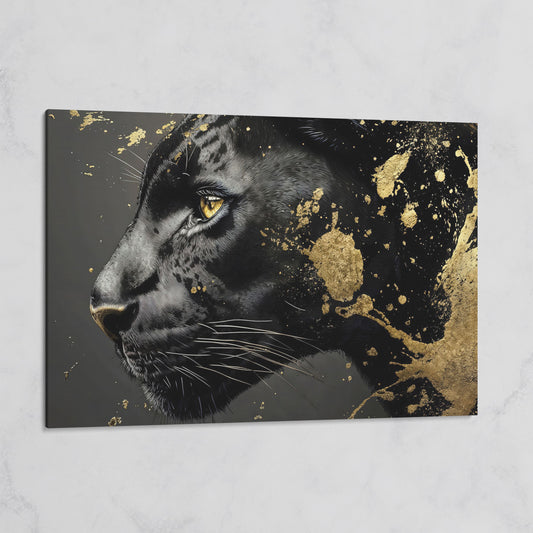 Black Panther Close-Up Canvas with Golden Accents on gallery wrap