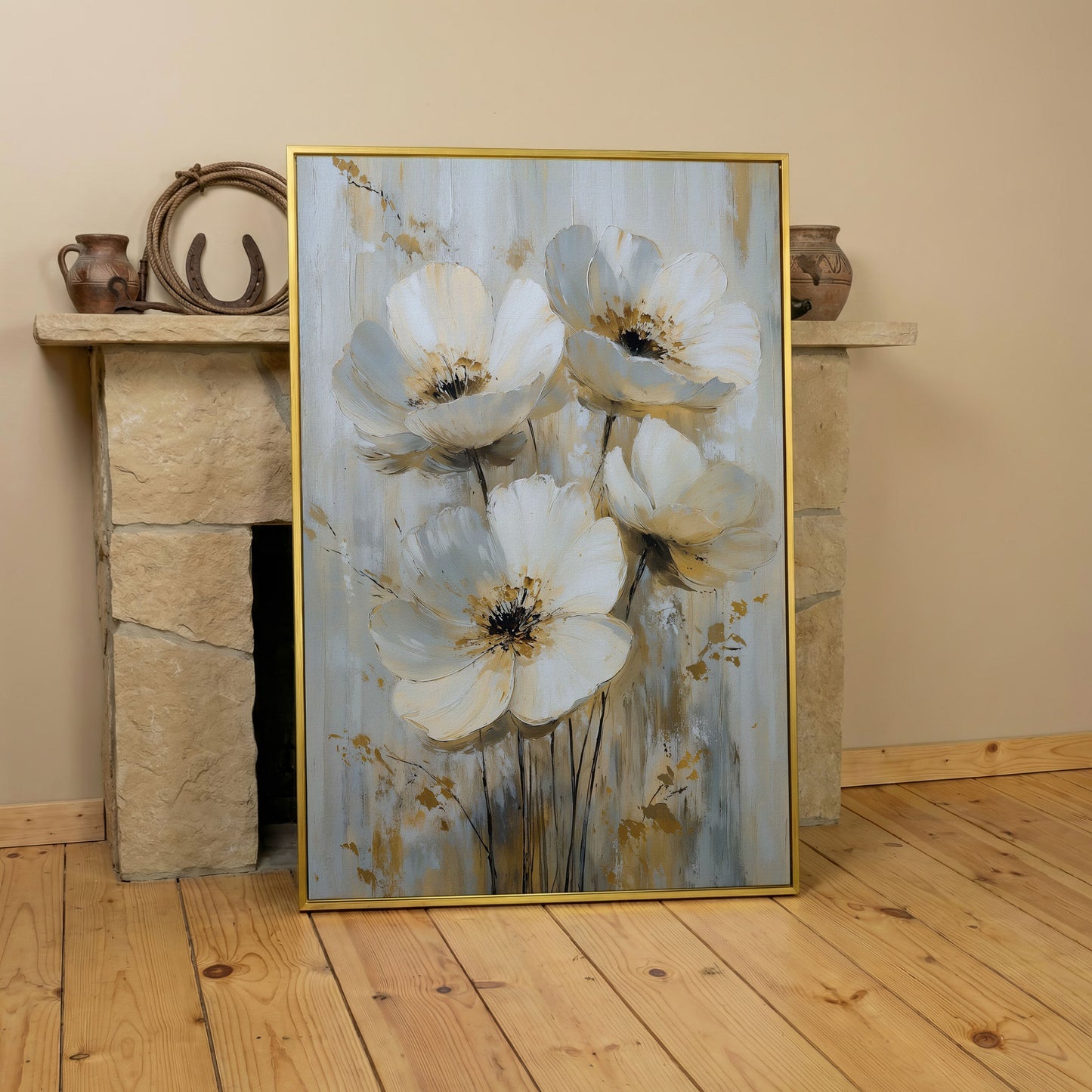 Abstract Floral Bloom Canvas Art in Neutral Beige and Grey Tones in yellow gold floating frame