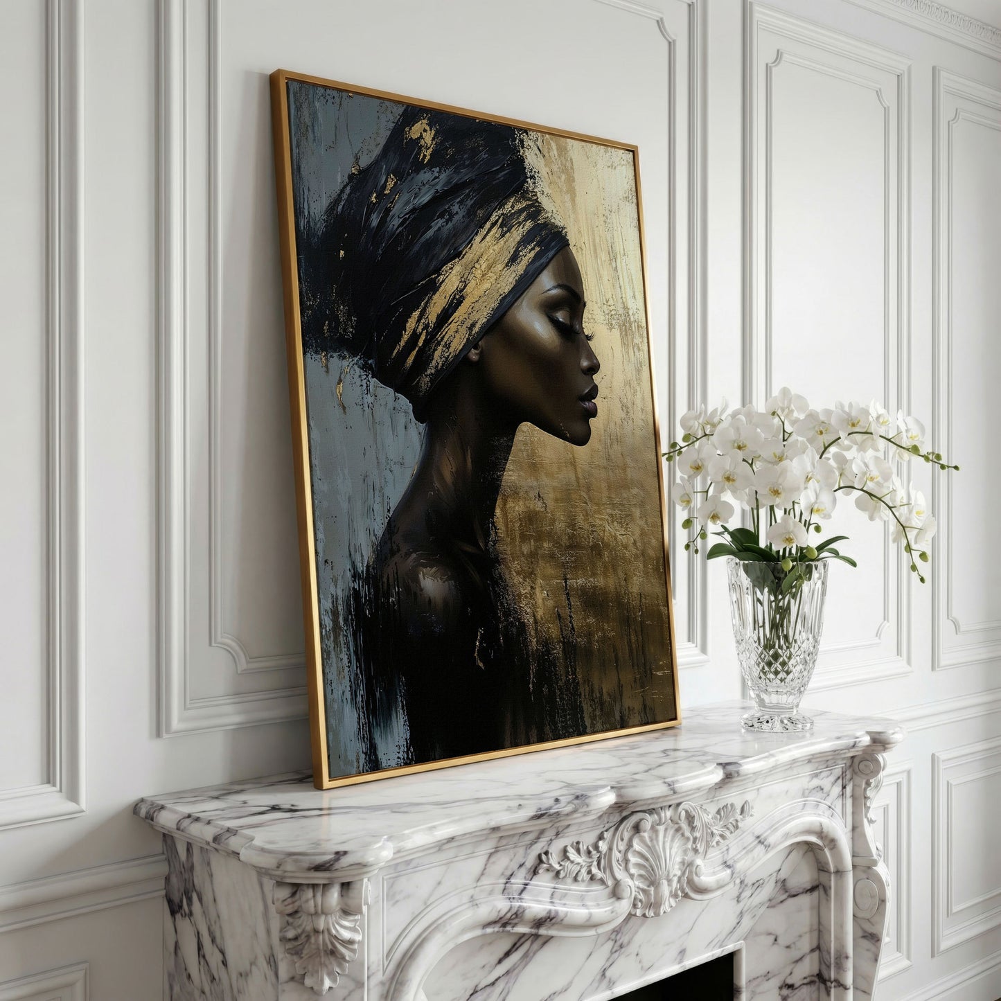 African Woman Profile Canvas Art in Ebony and Gold in yellow gold floating frame