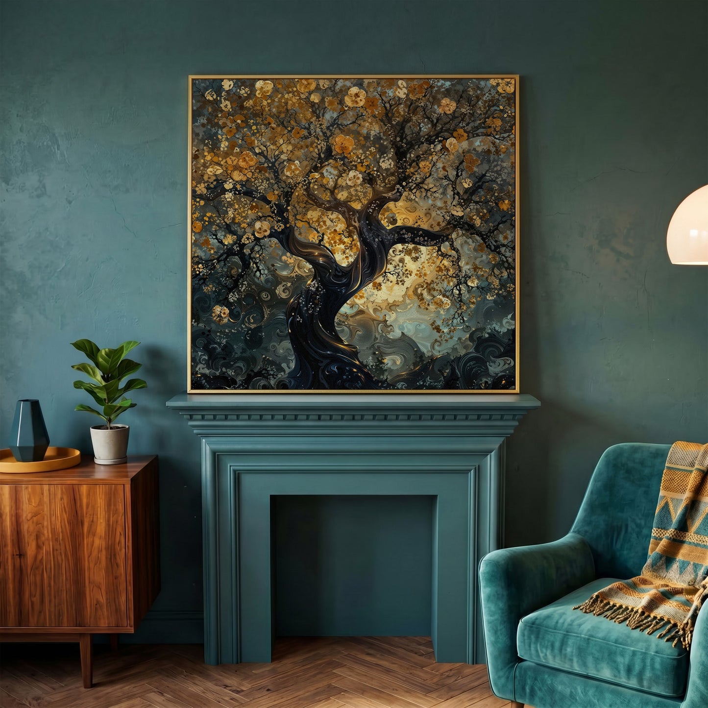 Twisted Tree of Life Canvas with Abstract Blooms in yellow gold floating frame