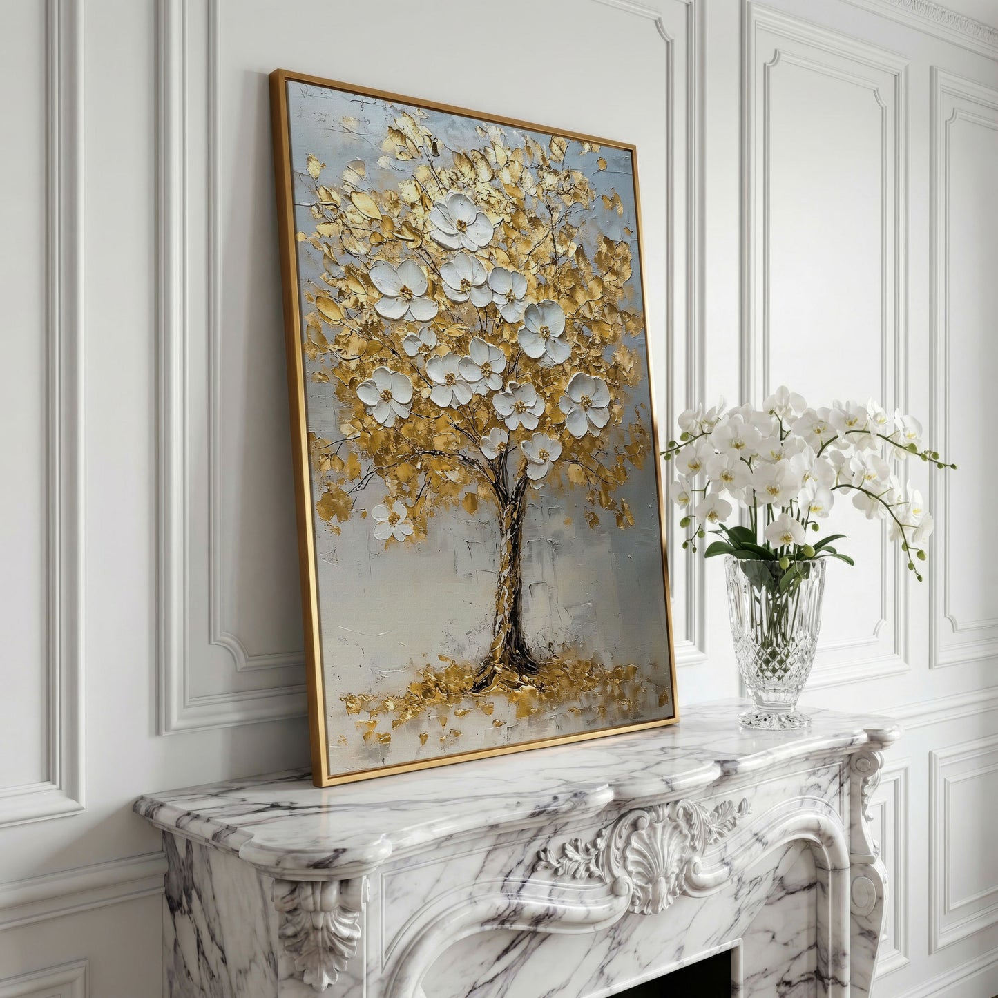 Golden Tree with White Blossoms Canvas Print in yellow gold floating frame