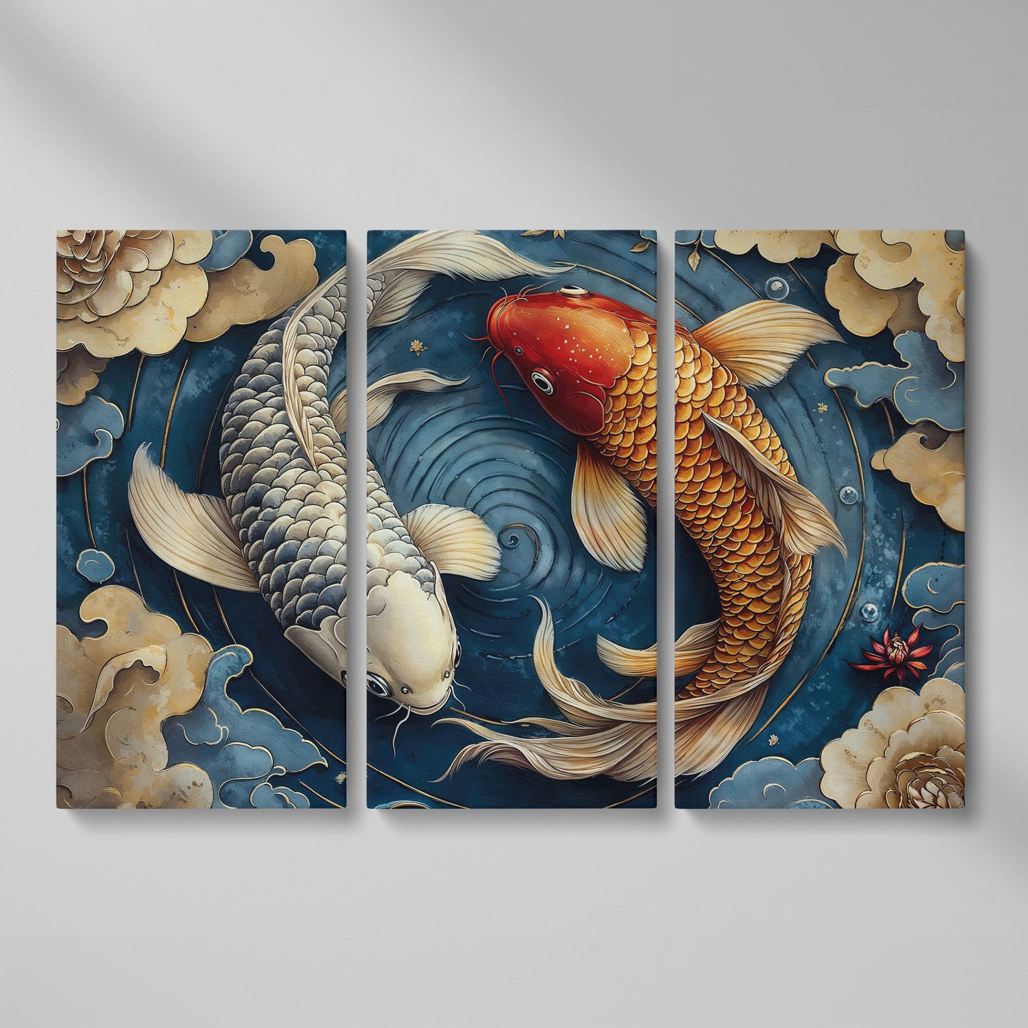 Koi Fish and Swirling Water Canvas as 3-panel split version
