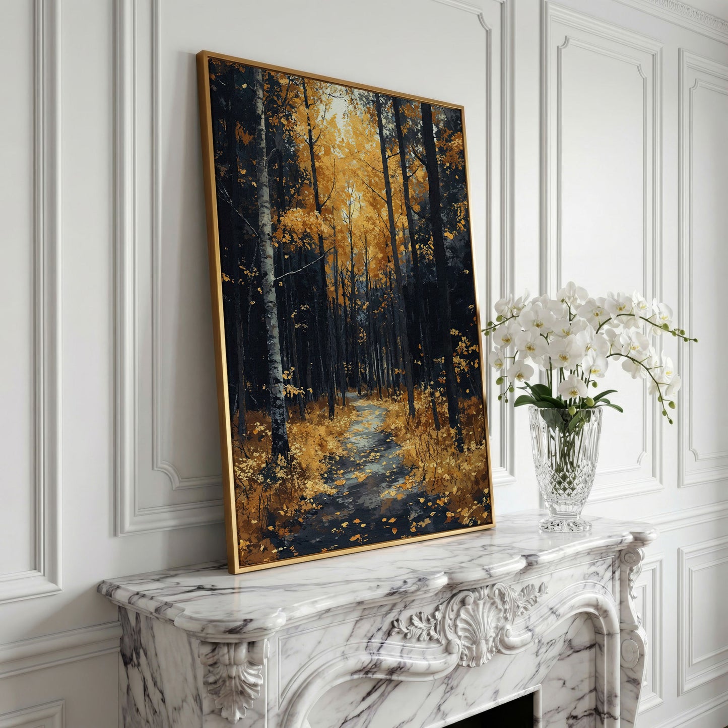 Path in Fall Forest Canvas Print in yellow gold floating frame