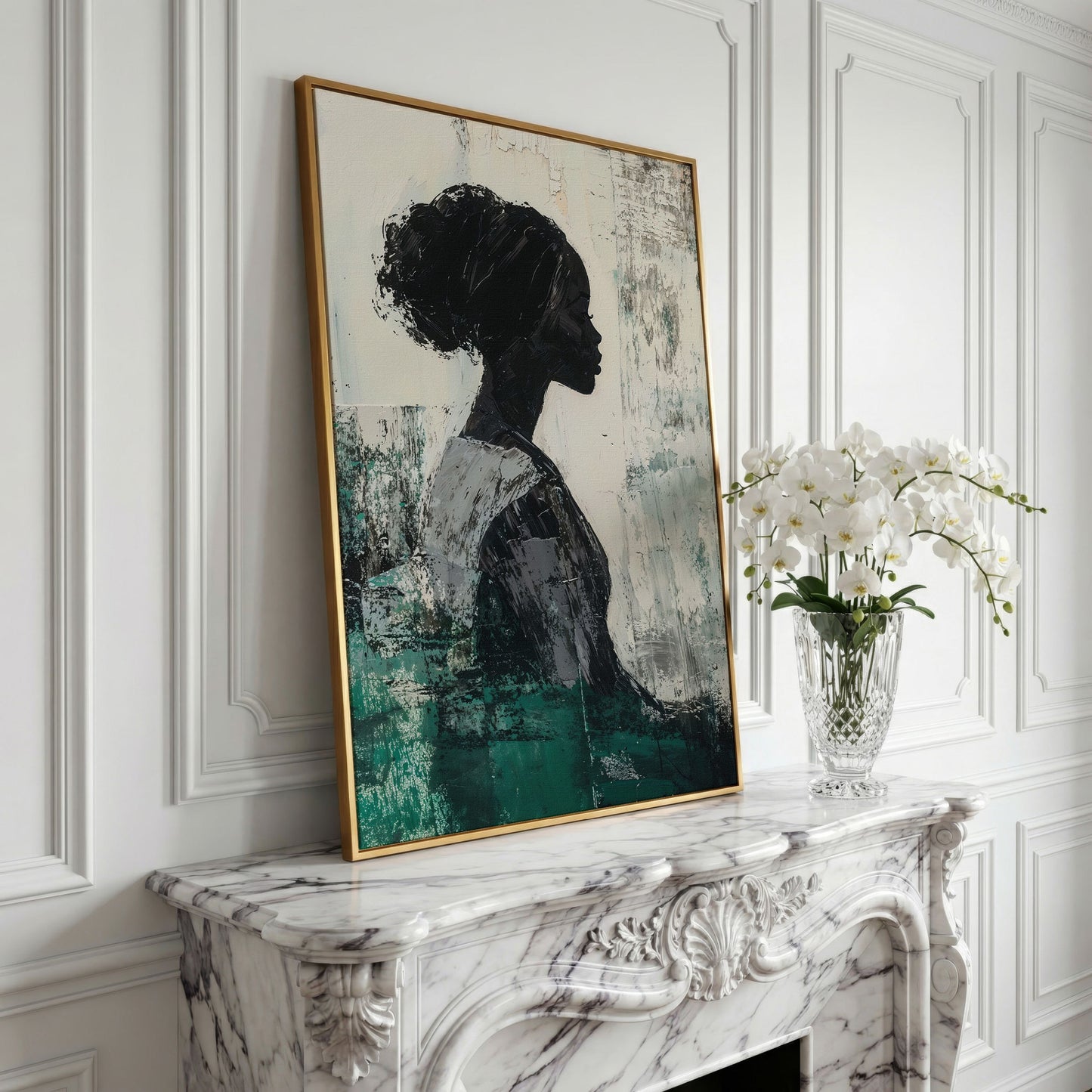 Elegant African American Girl Canvas Print in Emerald in yellow gold floating frame