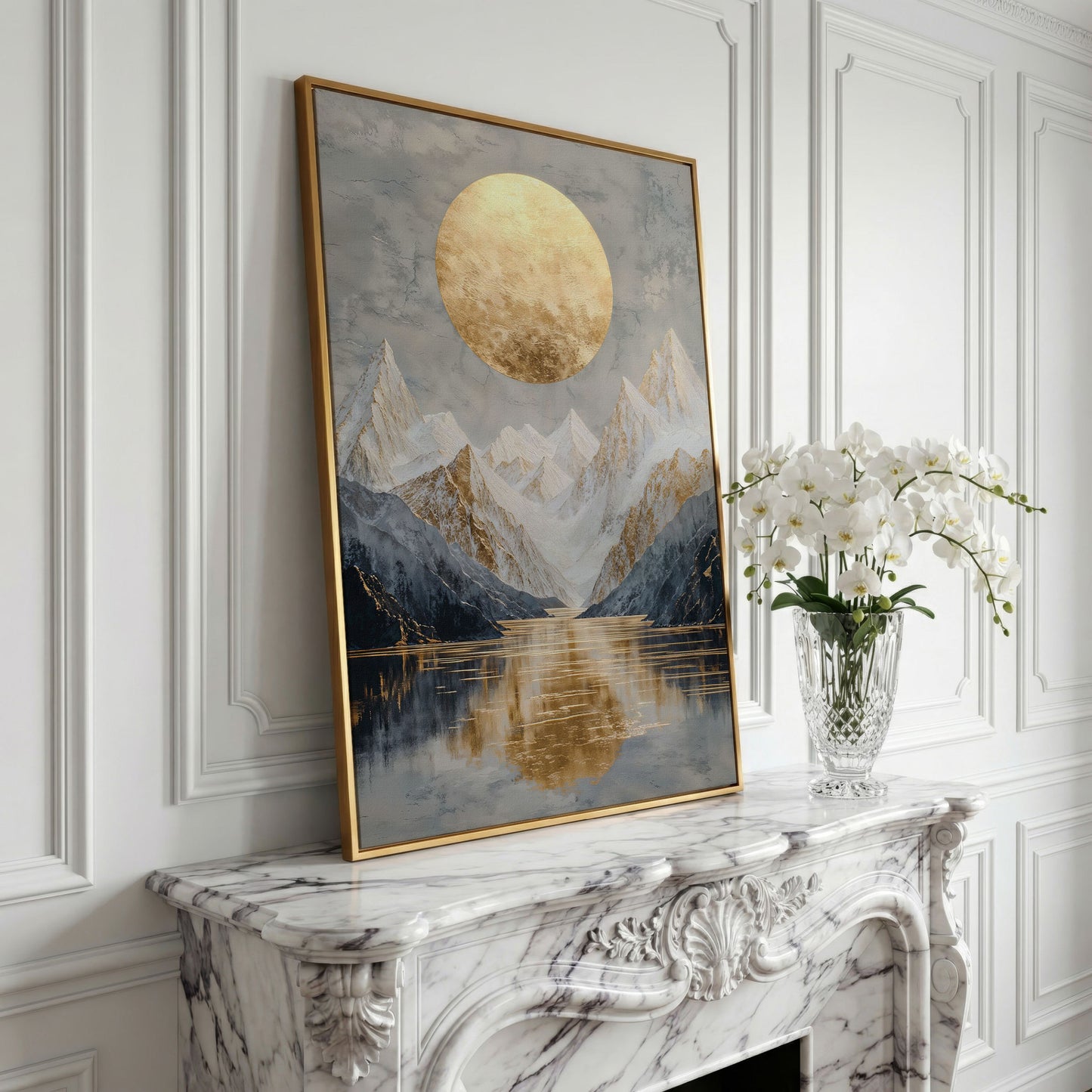 Snowy Mountain with Gold Sun Canvas in yellow gold floating frame