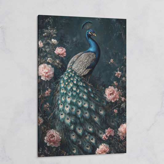 Peacock with Blooming Flowers Canvas Print on gallery wrap