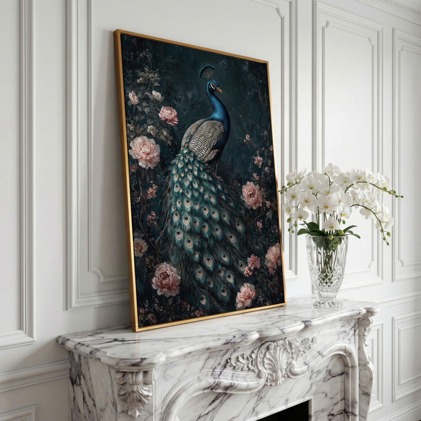Peacock with Blooming Flowers Canvas Print in yellow gold floating frame