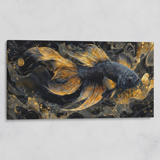 Black Betta Fish with Gold Fins Canvas on gallery wrap