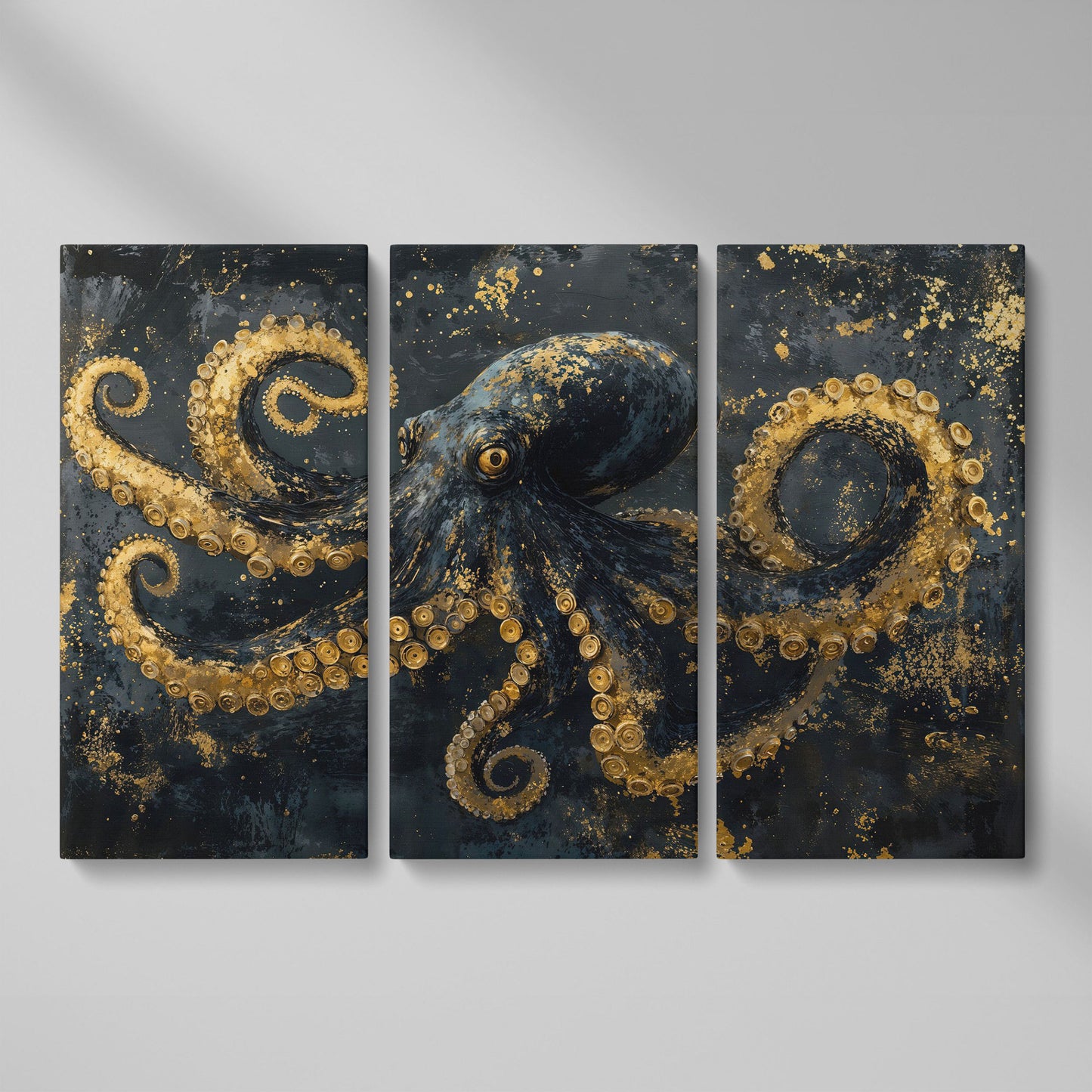 Dark Octopus Canvas Wall Art. Gothic Deep Sea Creature Print as 3-panel split version