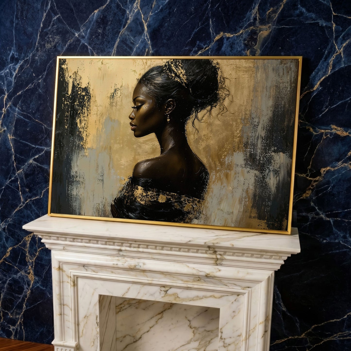 Royal Woman Profile Canvas Print in Black & Gold in yellow gold floating frame