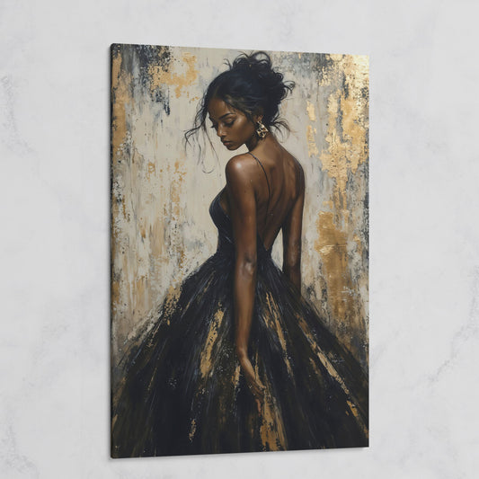 Back-View Fashion Portrait Canvas Print in Ebony and Cream on gallery wrap