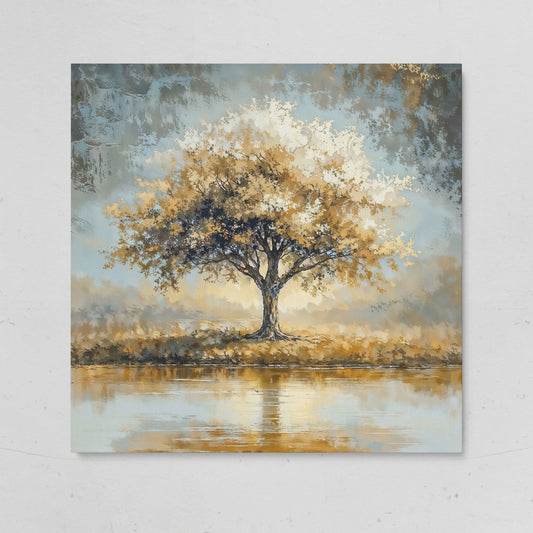 Lonely Tree by Water with Golden Foliage Canvas on gallery wrap