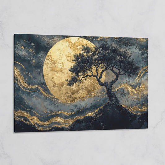 Tree Silhouette with Golden Moon Canvas on gallery wrap