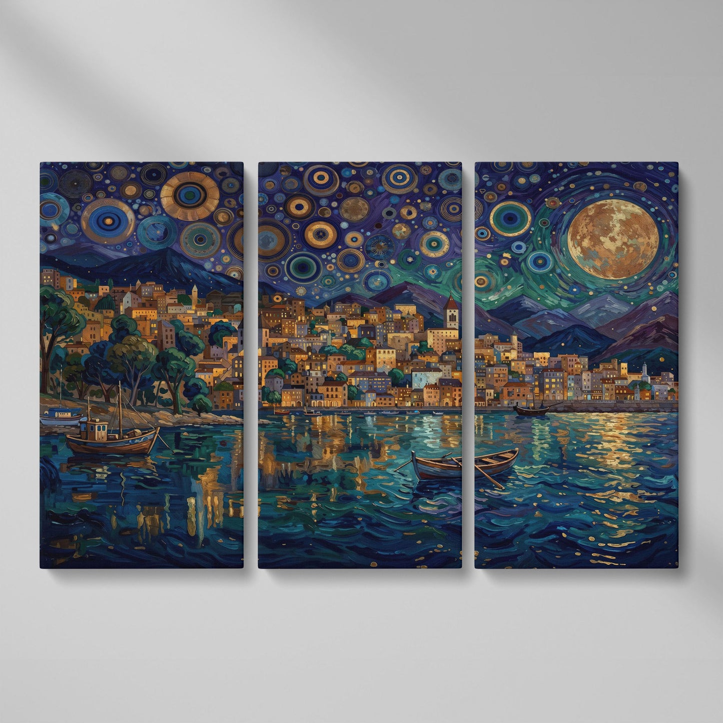 Moonlit City on the Water. Vibrant Night Sky Canvas Art as 3-panel split version