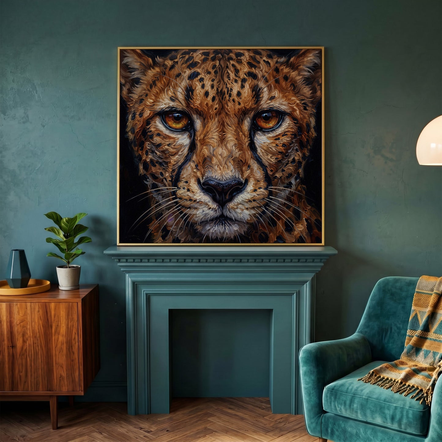 Cheetah Face Close-Up Canvas Wall Art, Square Format in yellow gold floating frame