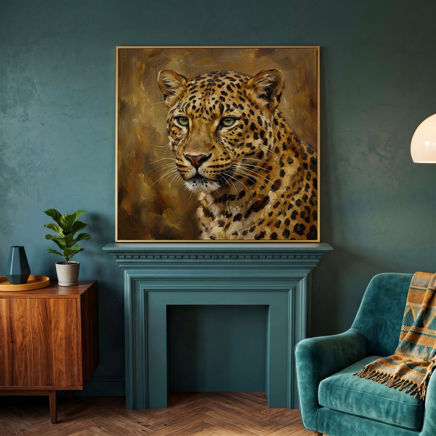 Close-Up Leopard Portrait Canvas Wall Art, Square in yellow gold floating frame
