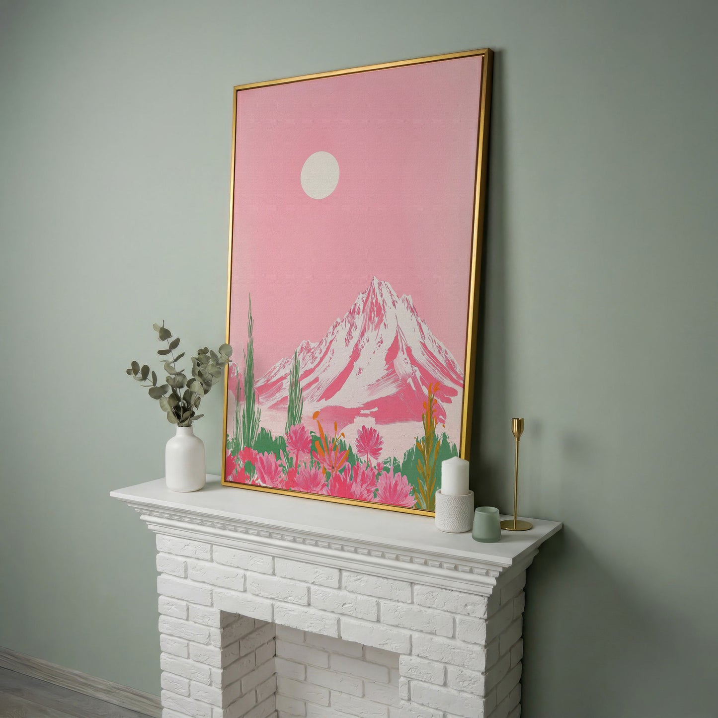 Pink Mountain & Wildflower Landscape Canvas in yellow gold floating frame