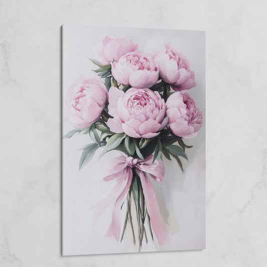 Pink Peony Bouquet Canvas Print with Pale Ribbon Detail on gallery wrap