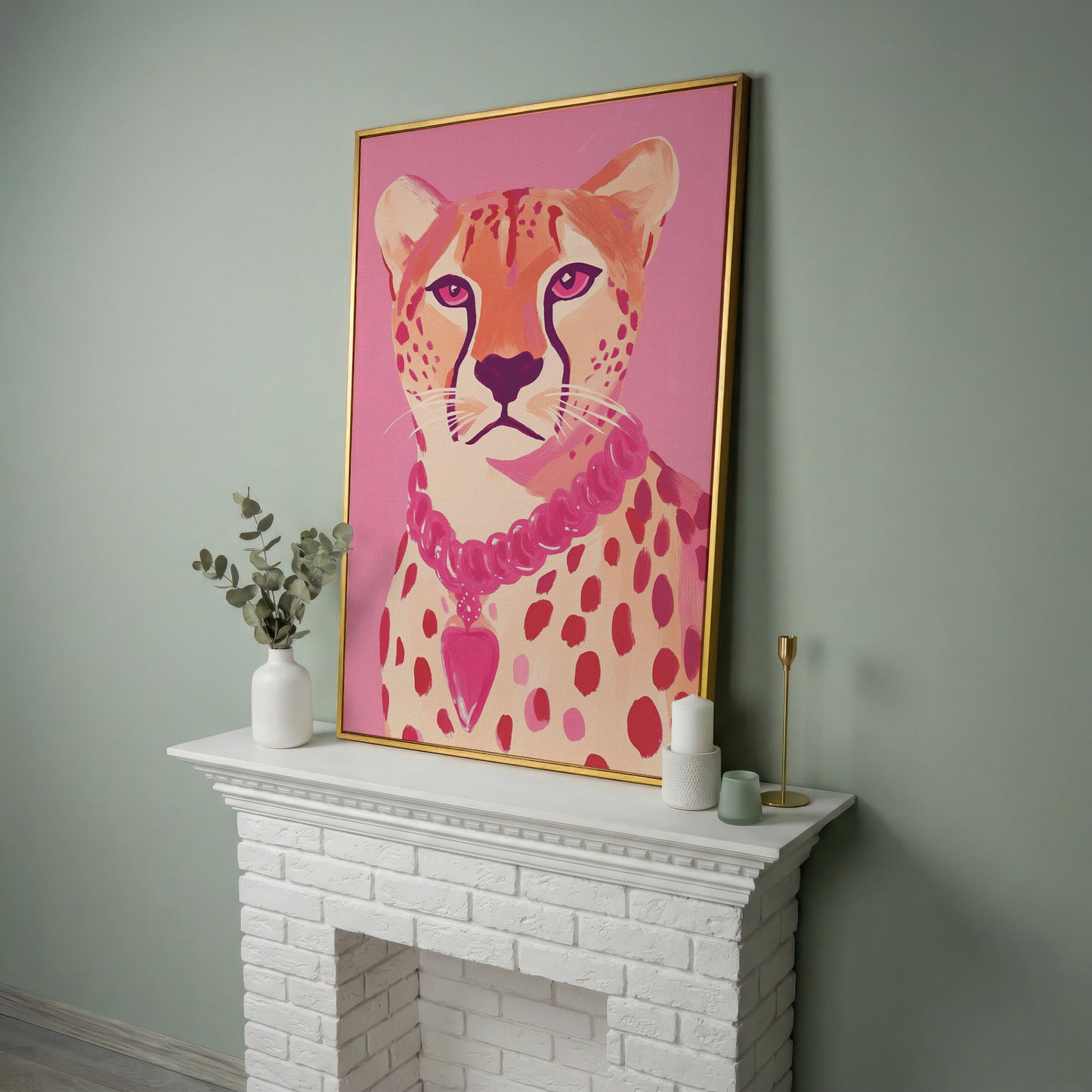Pink Cheetah Portrait Canvas Print for Nursery and Home in yellow gold floating frame