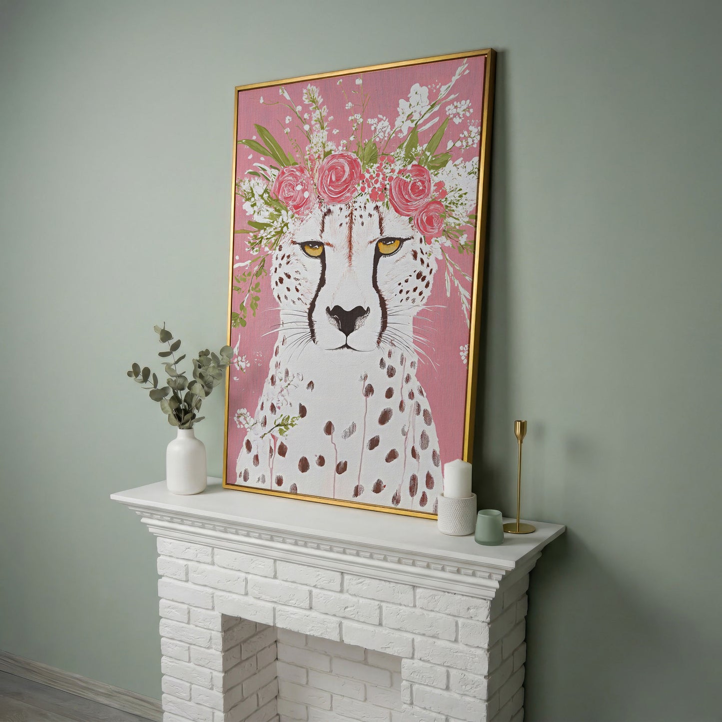 Floral Cheetah Portrait Canvas Print in yellow gold floating frame