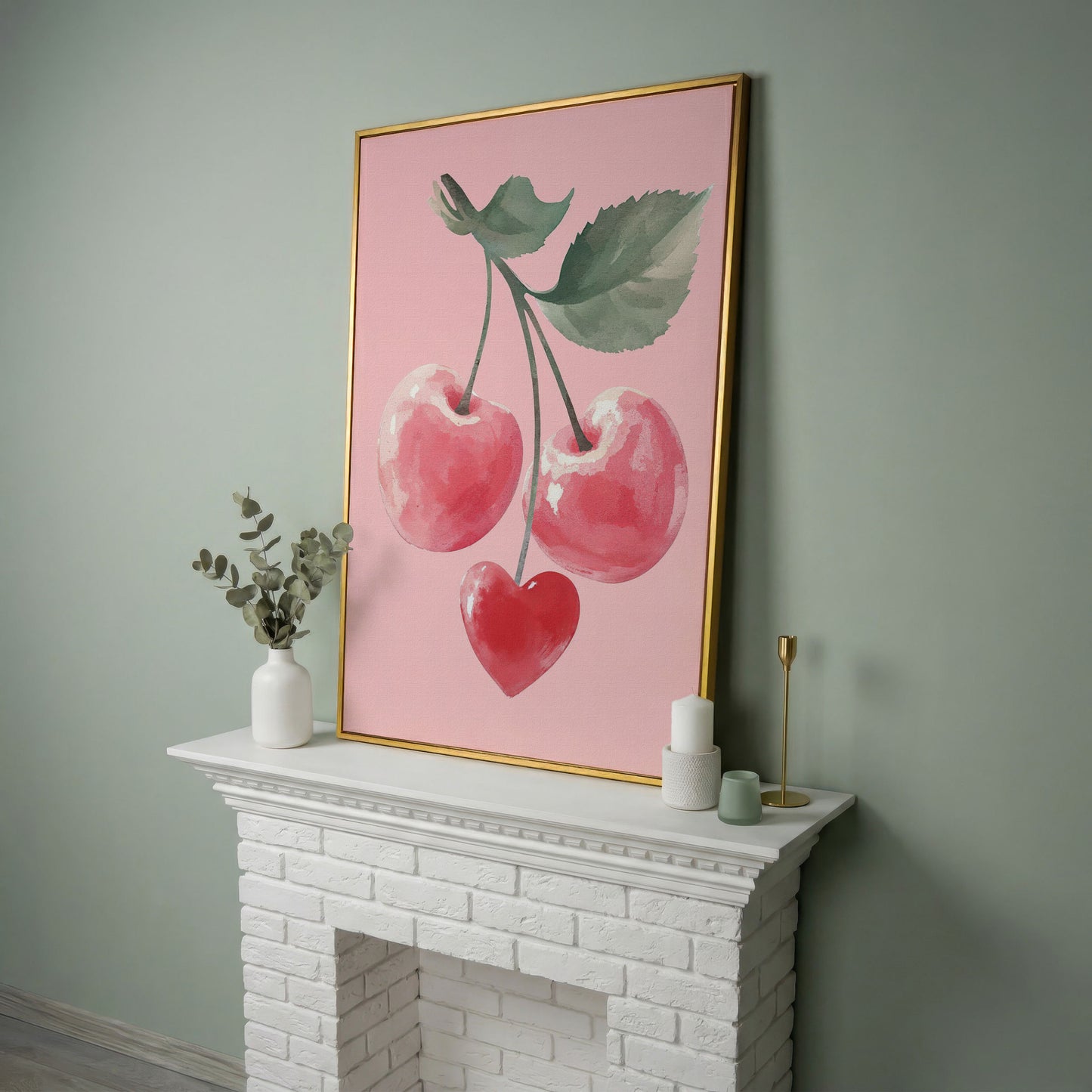 Romantic Cherry Canvas Print with Heart Detail in yellow gold floating frame