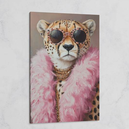 Leopard in Pink Boa and Sunglasses Canvas Print on gallery wrap
