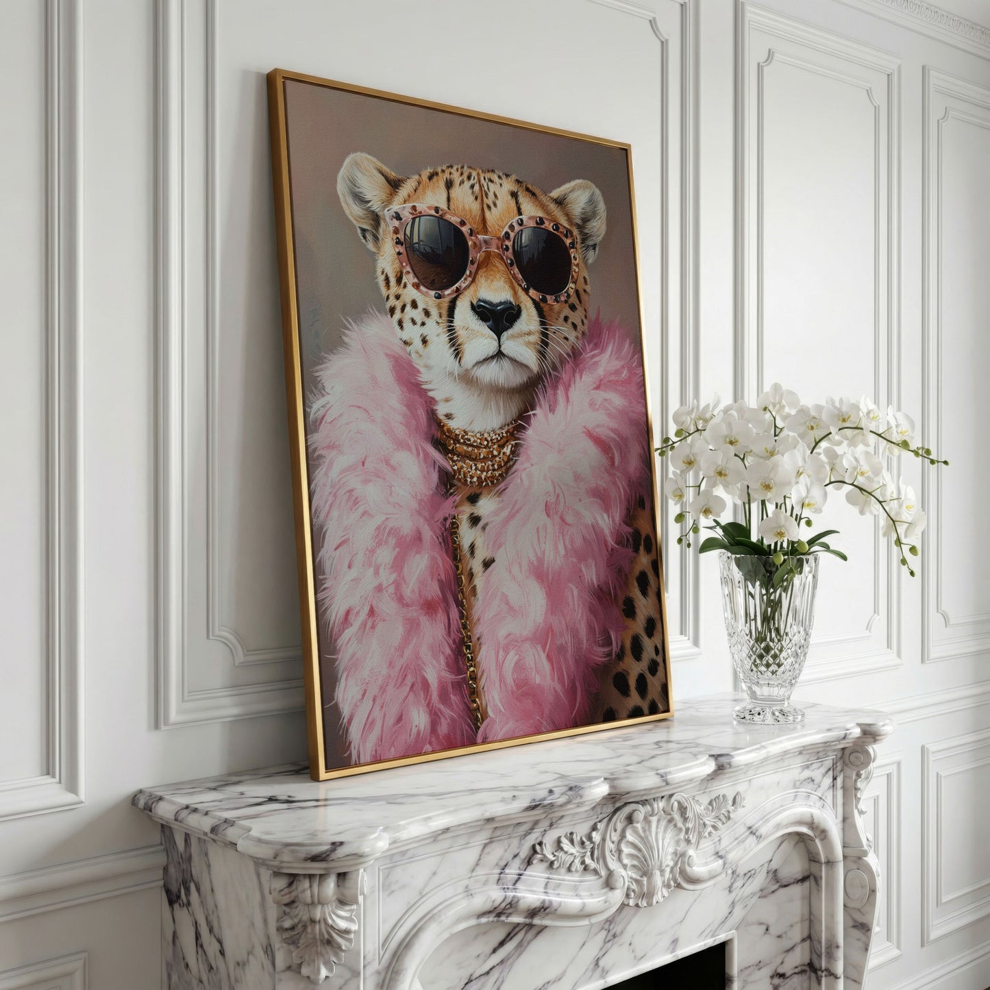 Leopard in Pink Boa and Sunglasses Canvas Print in yellow gold floating frame